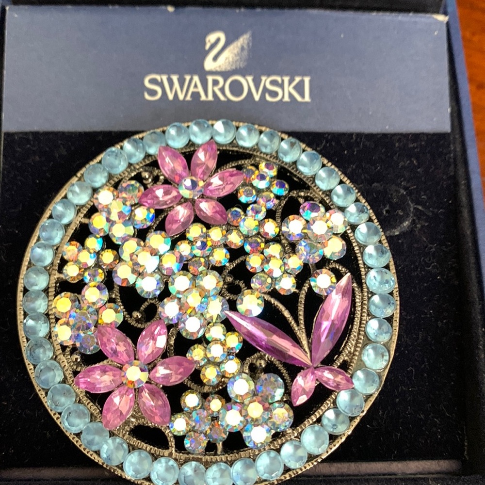 SWAROVSKI Vintage Retired Purple, Clear and Blue Amy Flower Brooch.